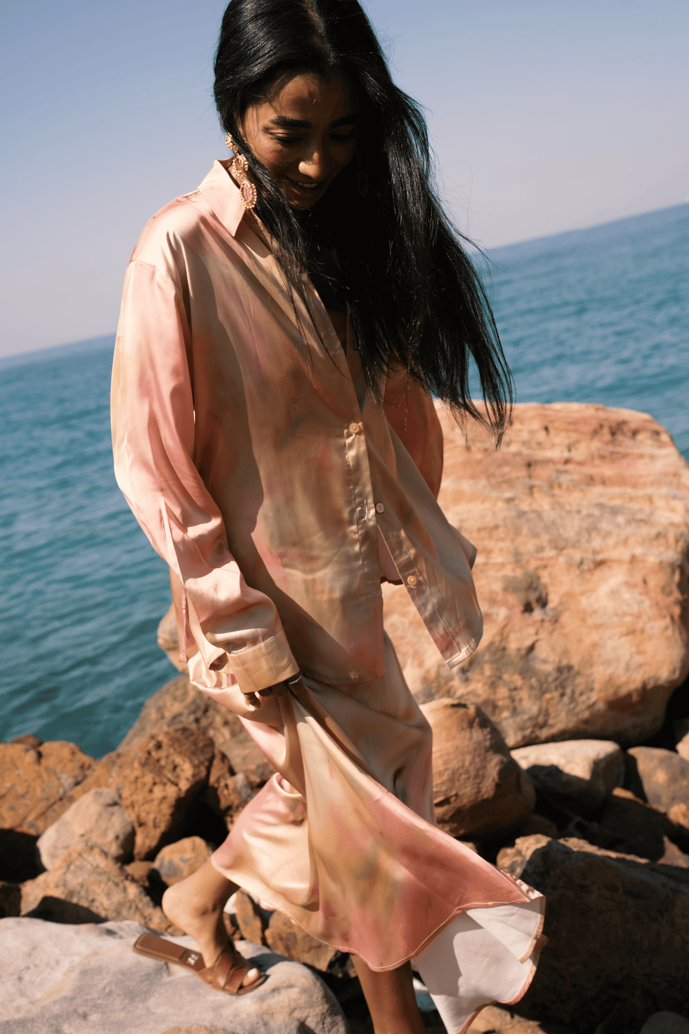 Printed Satin Shirt in Minty Pink