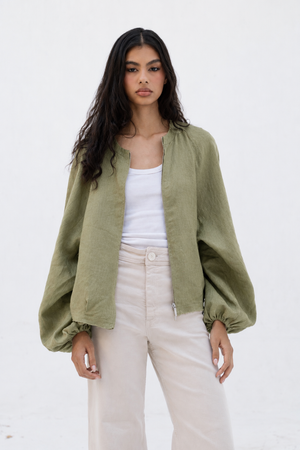 Linen Bomber Jacket in Olive