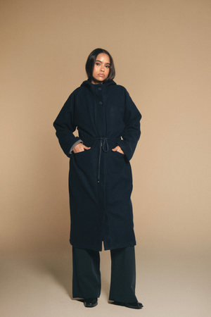 Drawstring Wool Coat in Navy