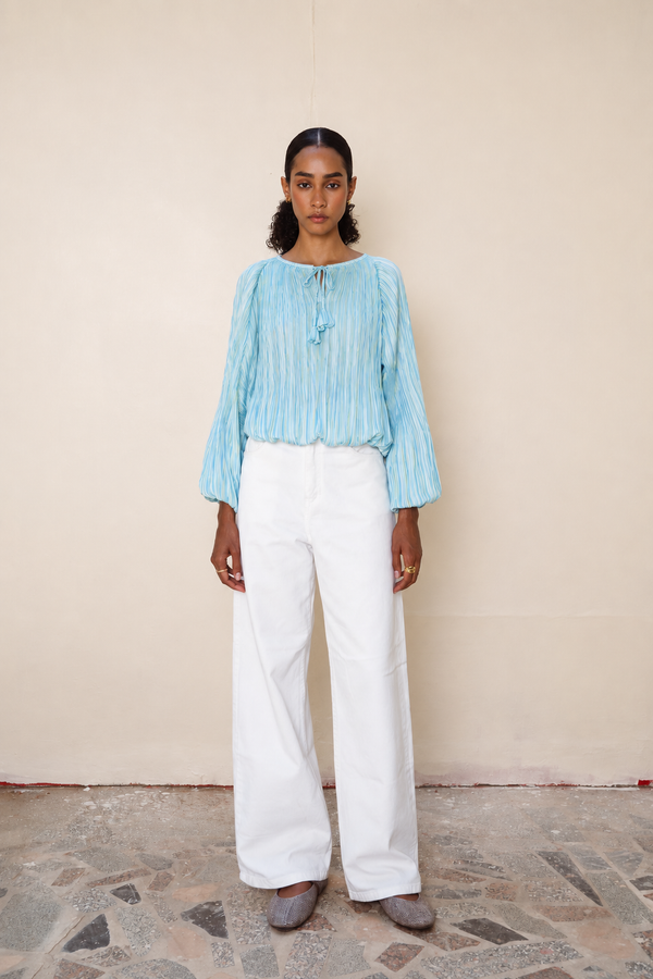 Pleated Balloon Blouse in Baby Blue