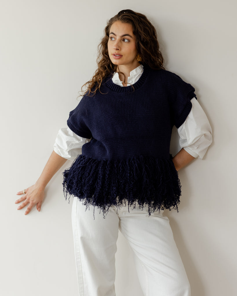 Fringed Vest in Navy Blue