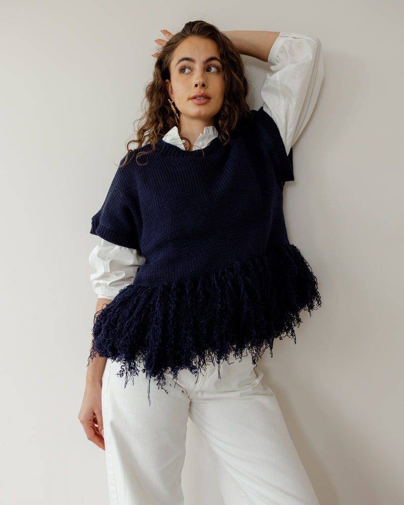 Fringed Vest in Navy Blue