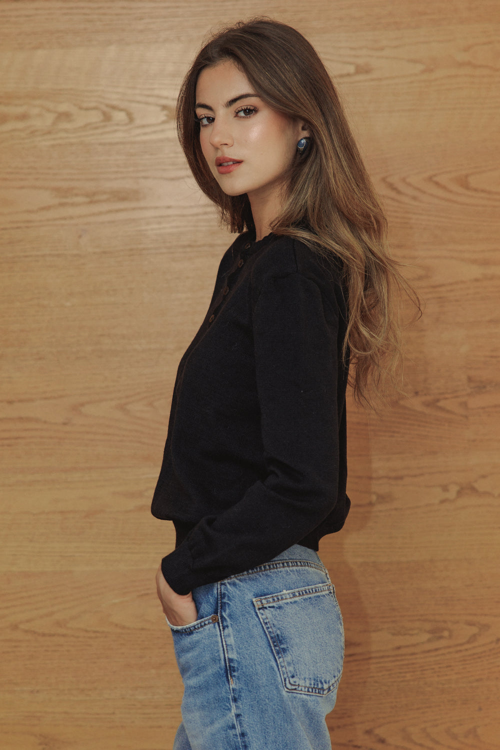 Placket Knit Top in Black