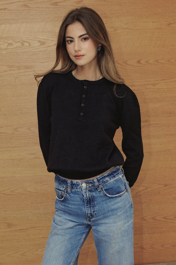 Placket Knit Top in Black