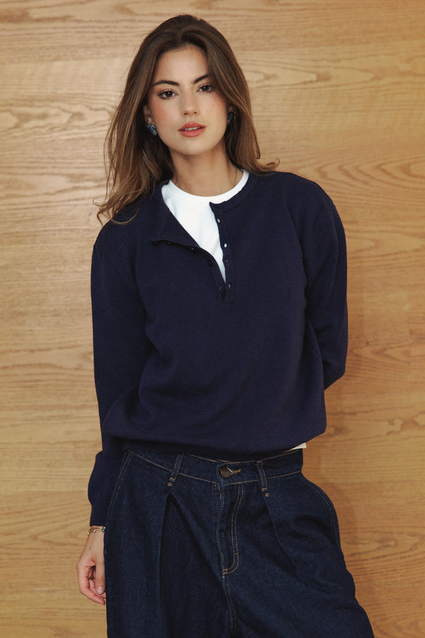 Placket Knit Top in Navy