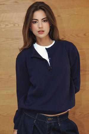 Placket Knit Top in Navy