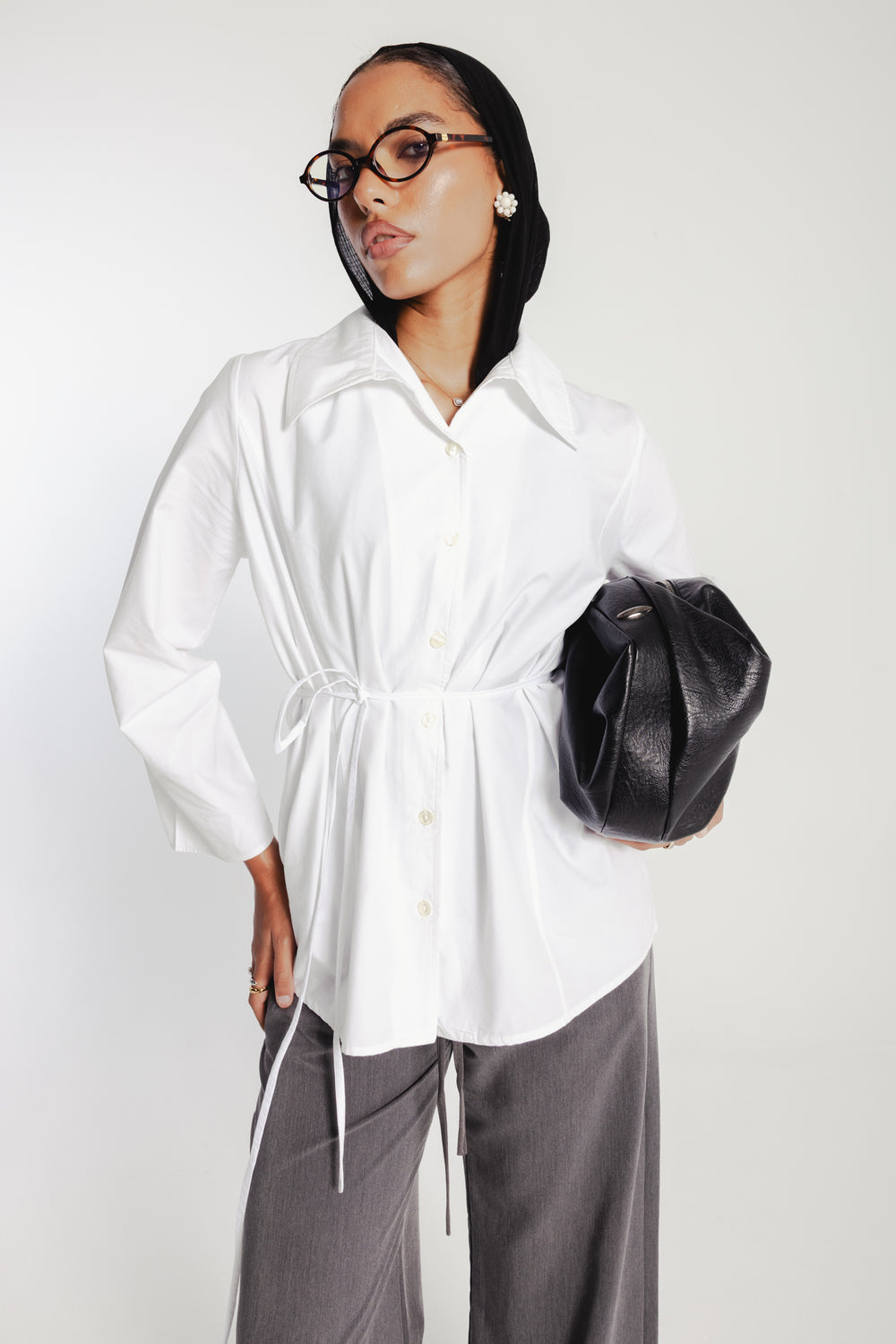 Belted Poplin Shirt in White