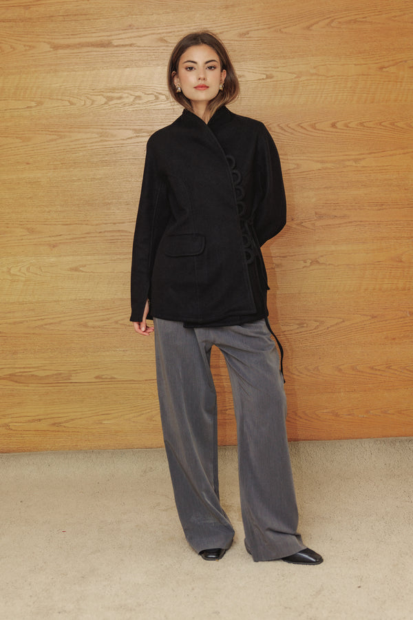 Wool Side Tie Jacket in Black