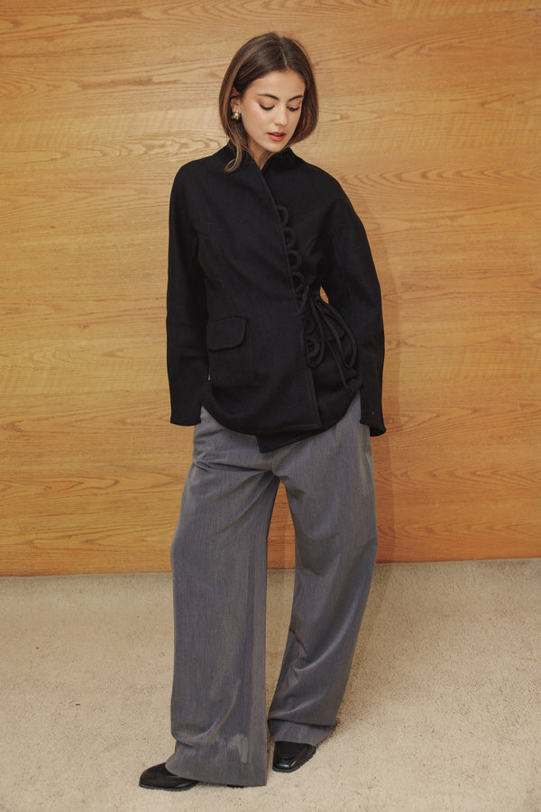Wool Side Tie Jacket in Black