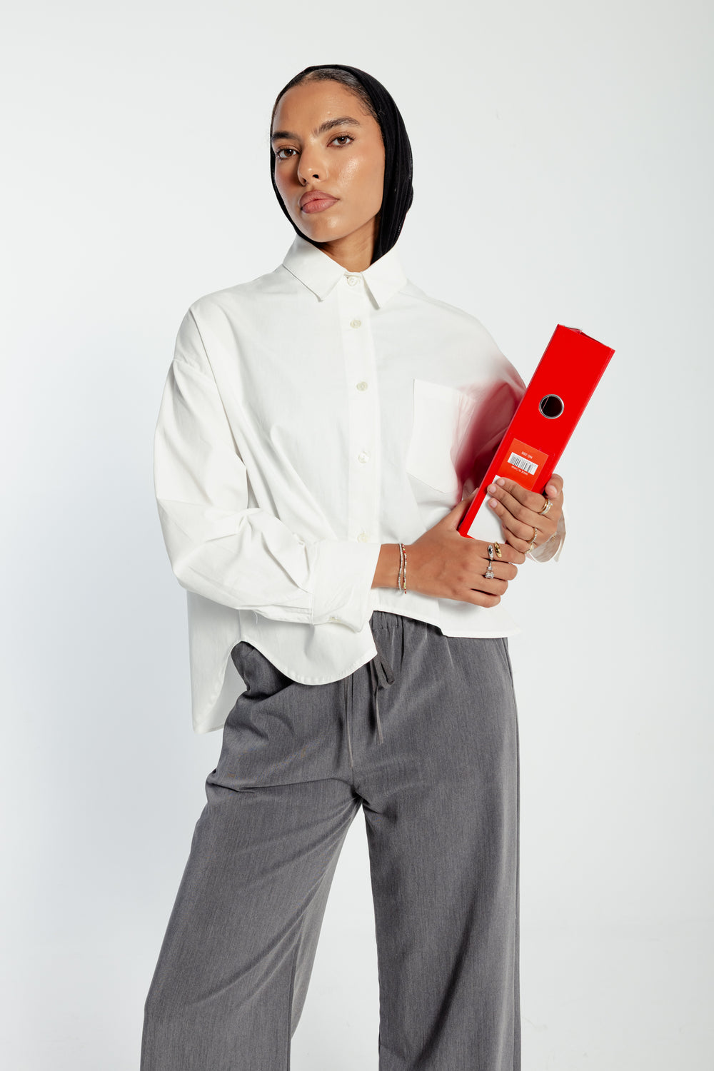 Curved Hem Cropped Poplin Shirt in White