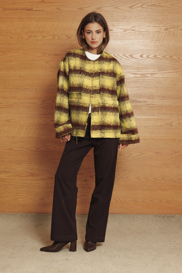 Mid-length Colored Jacket in Yellow Checkered