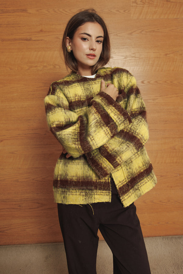 Mid-length Colored Jacket in Yellow Checkered