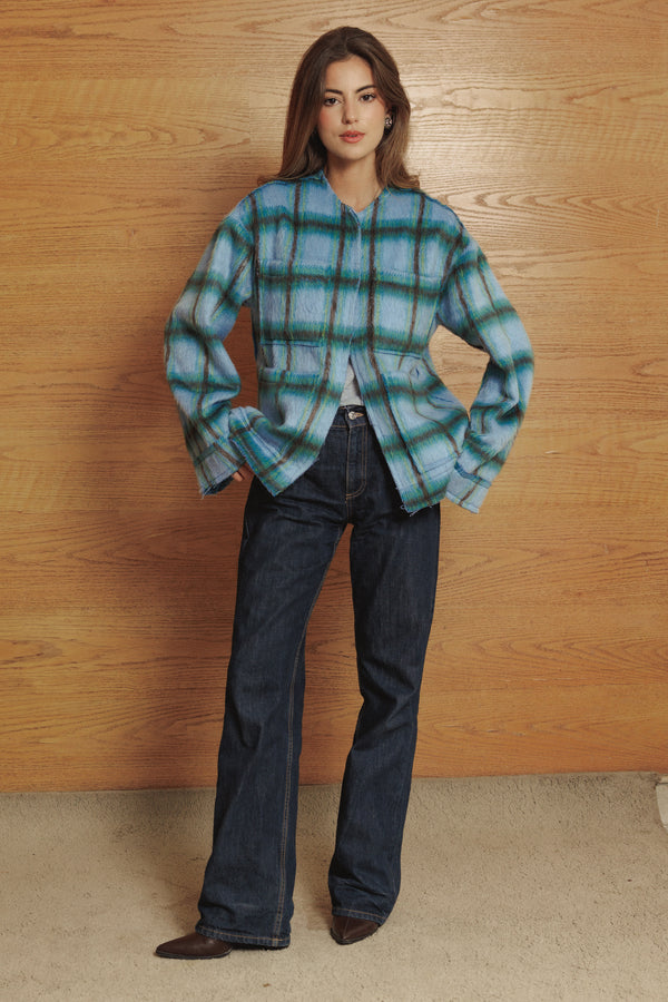 Mid-length Colored Jacket in Blue Checkered