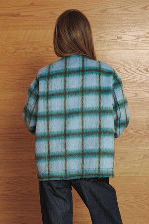 Mid-length Colored Jacket in Blue Checkered