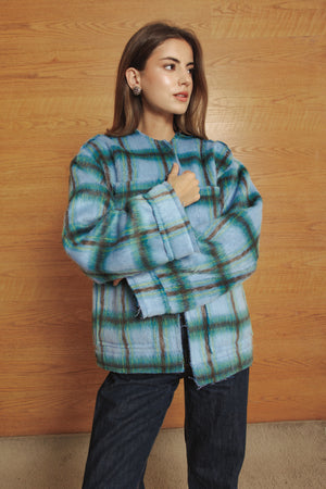 Mid-length Colored Jacket in Blue Checkered