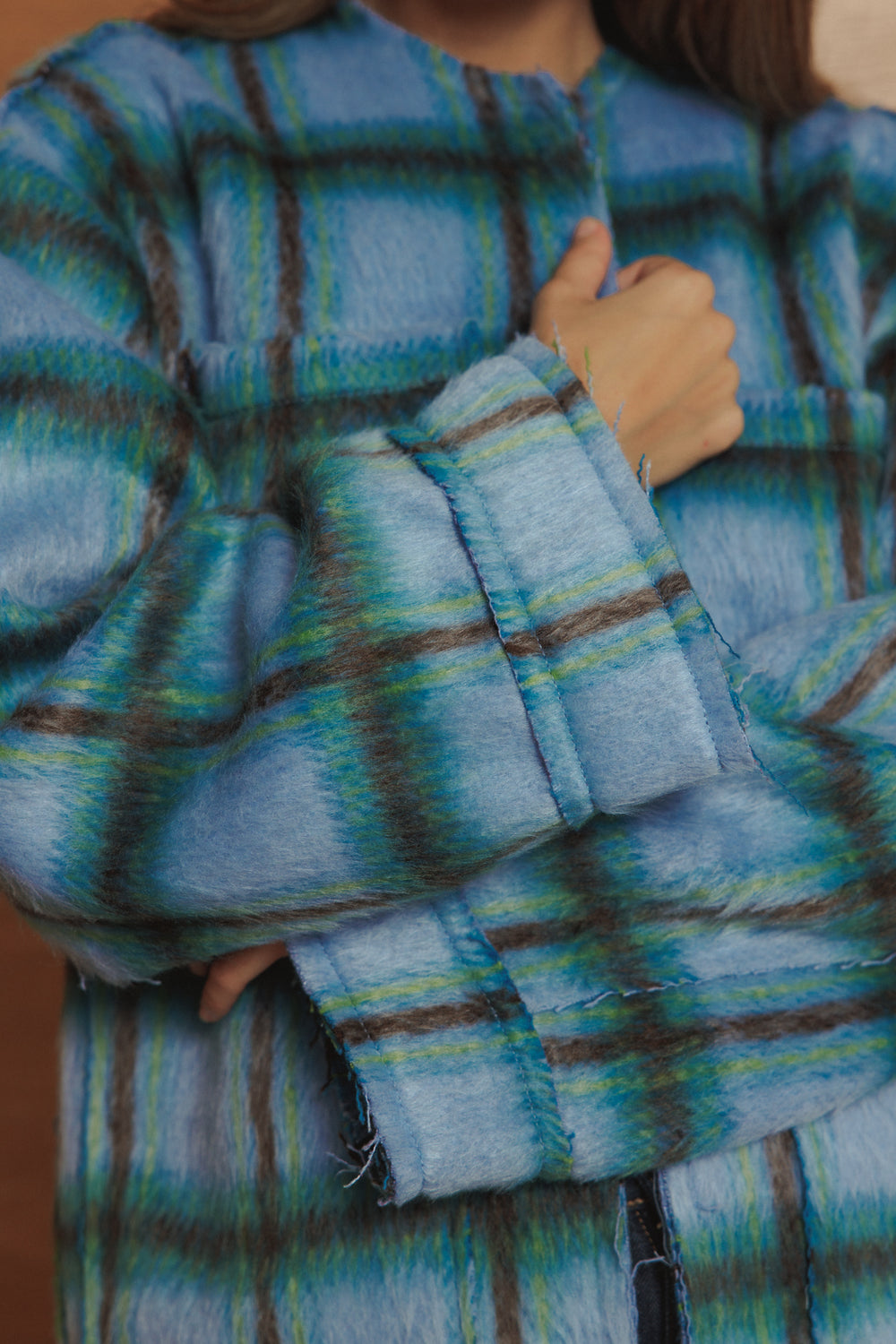 Mid-length Colored Jacket in Blue Checkered