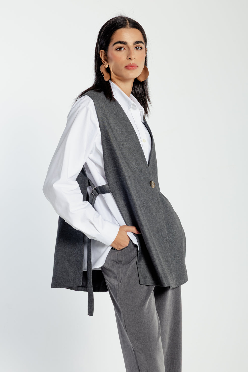 Oversized Side Buckled Vest in Dark Grey