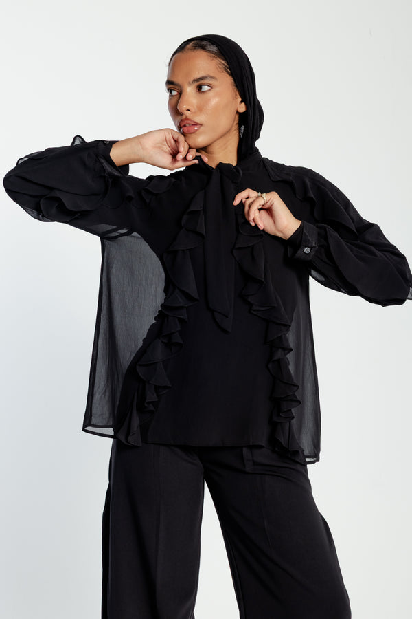Chiffon Ruffled Blouse in Black