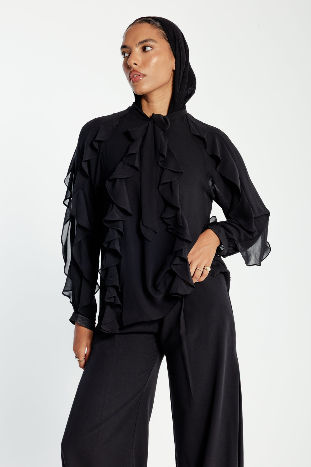 Chiffon Ruffled Blouse in Black