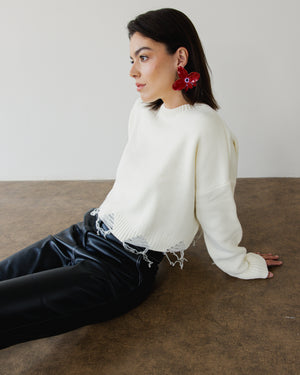 Fringed Sweater in Off White