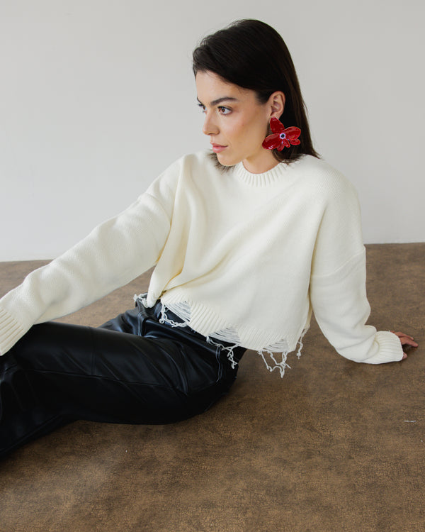 Fringed Sweater in Off White