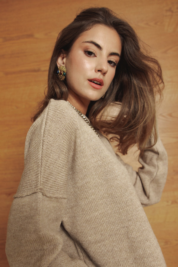 Long Line Knit Jumper in Beige