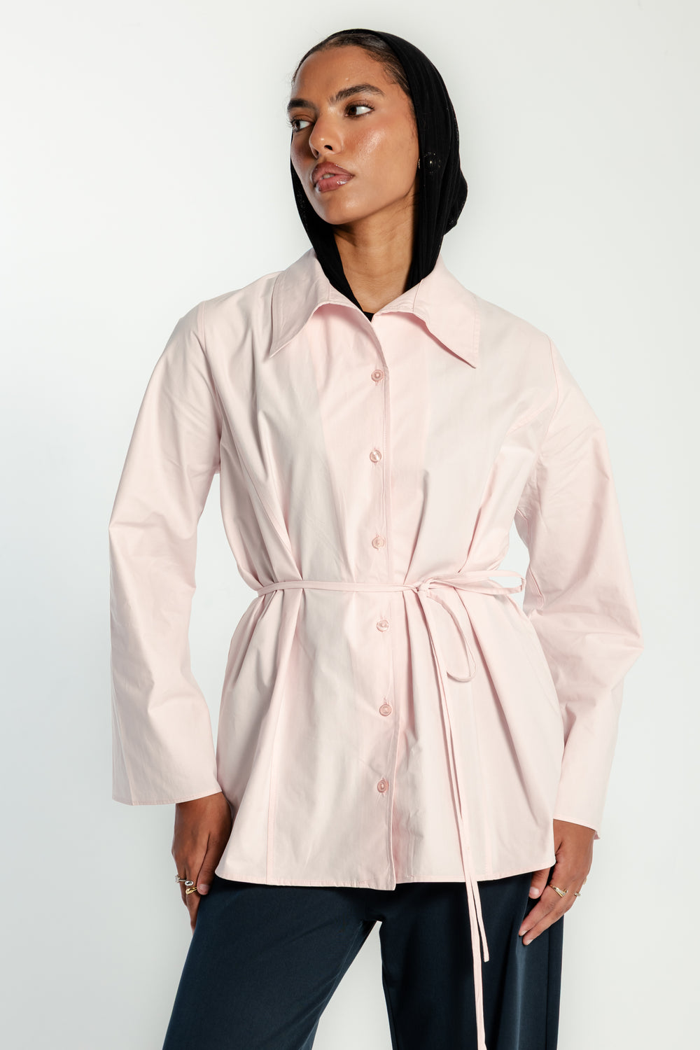Belted Poplin Shirt in Pink