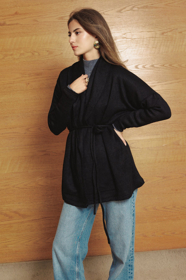 Knitted Belted Cardigan in Black