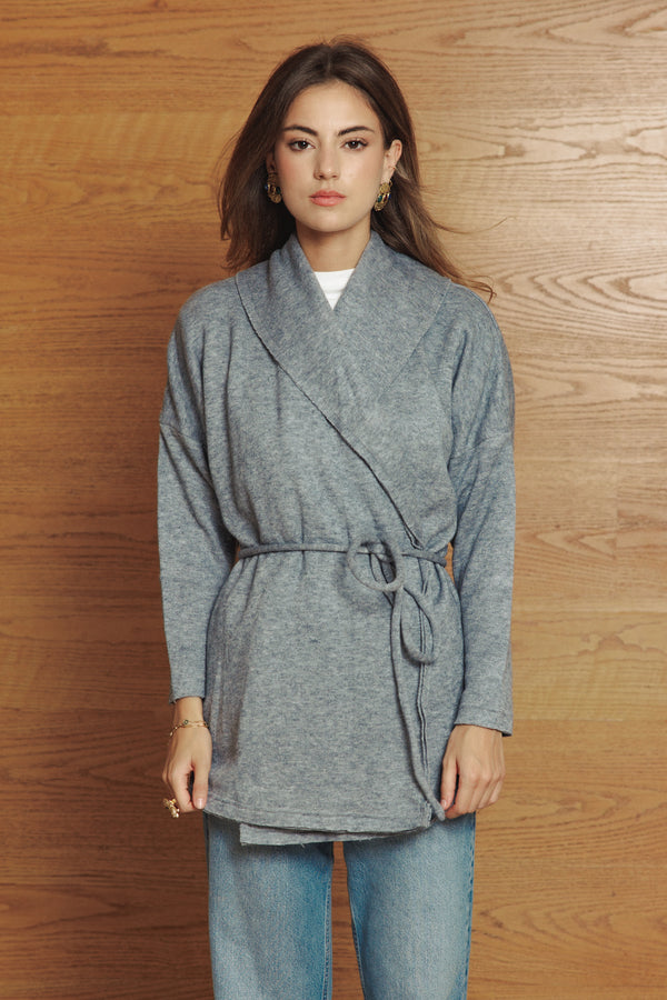 Knitted Belted Cardigan in Grey