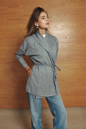 Knitted Belted Cardigan in Grey
