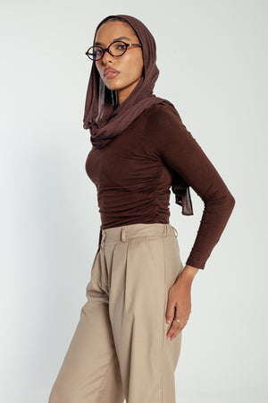 Side Gathering Top in Brown
