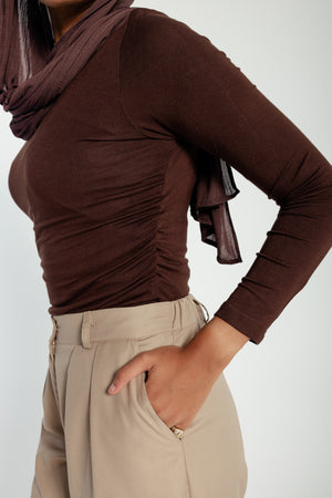 Side Gathering Top in Brown