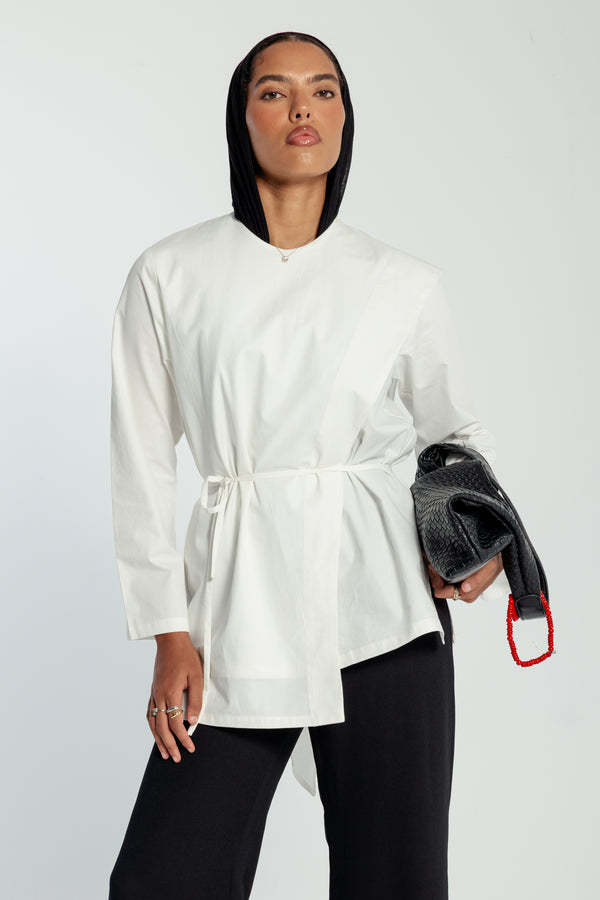 Poplin Scarfed Top in White