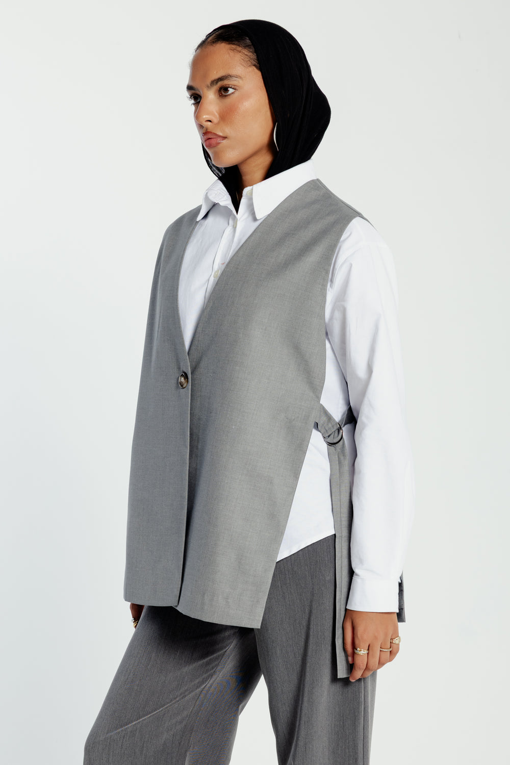 Oversized Side Buckled Vest in Light Grey