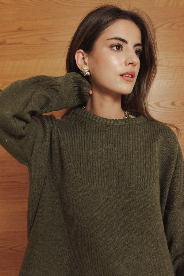 Long Line Knit Jumper in Olive