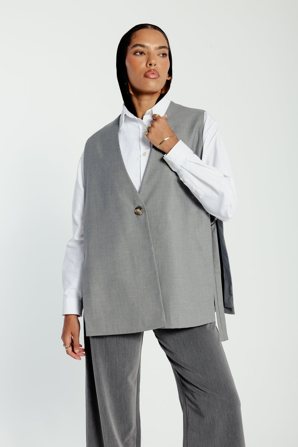 Oversized Side Buckled Vest in Light Grey