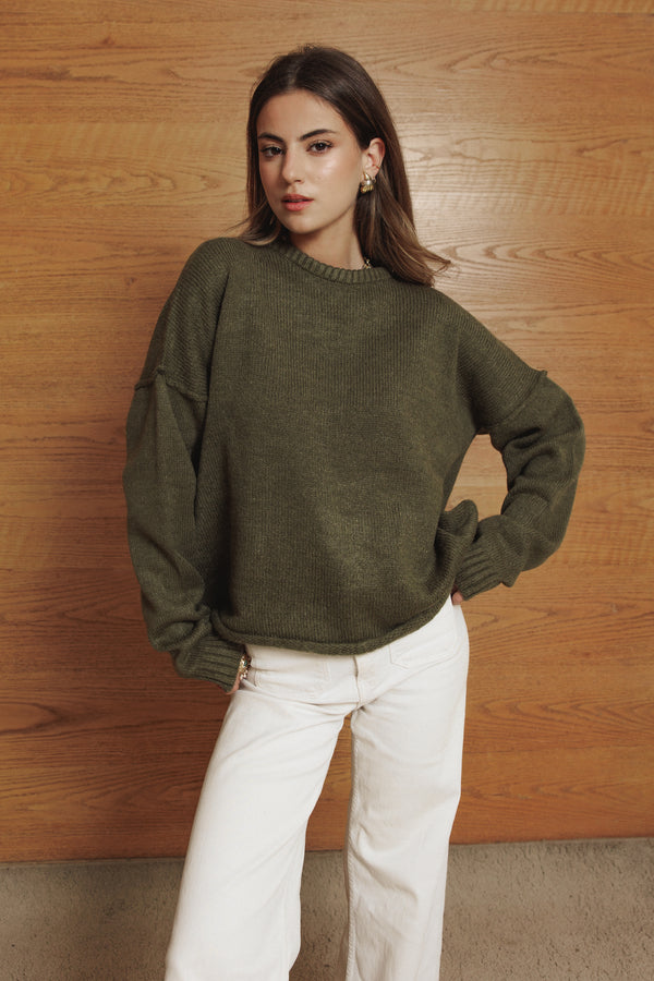 Long Line Knit Jumper in Olive
