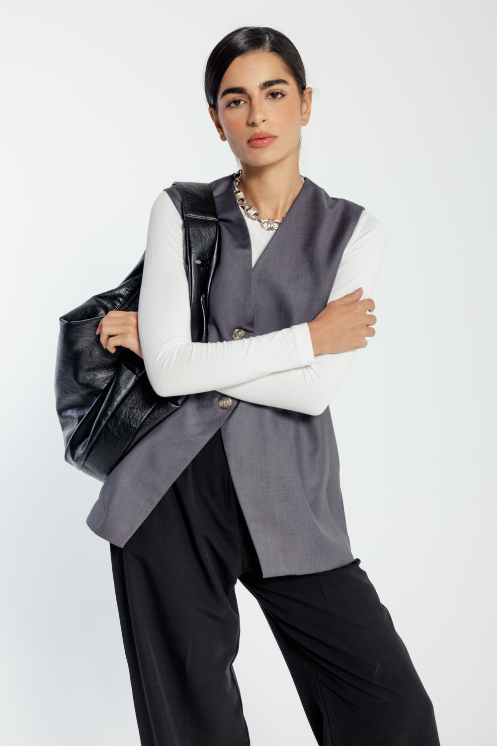Curved Midline Vest in Dark Grey