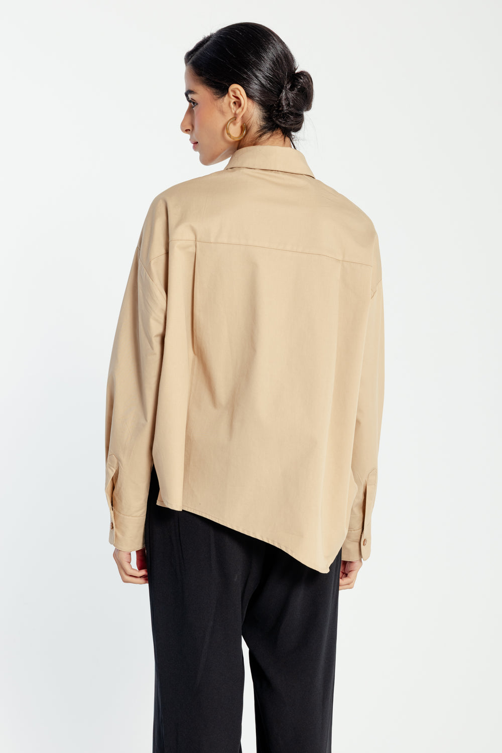 Curved Hem Cropped Poplin Shirt in Beige