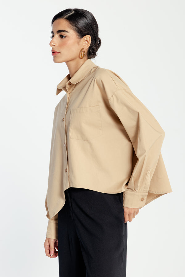 Curved Hem Cropped Poplin Shirt in Beige
