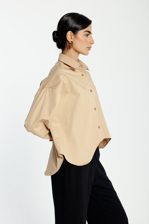 Curved Hem Cropped Poplin Shirt in Beige