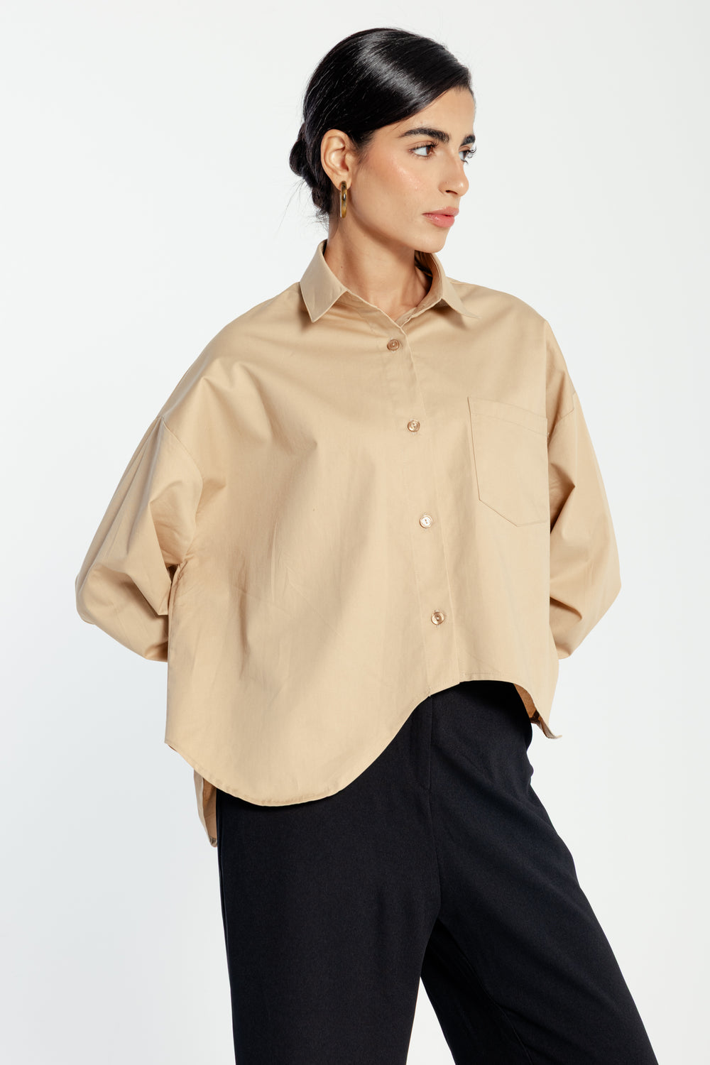 Curved Hem Cropped Poplin Shirt in Beige
