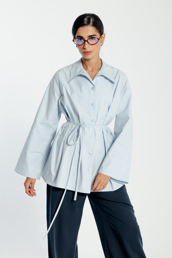 Belted Poplin Shirt in Blue