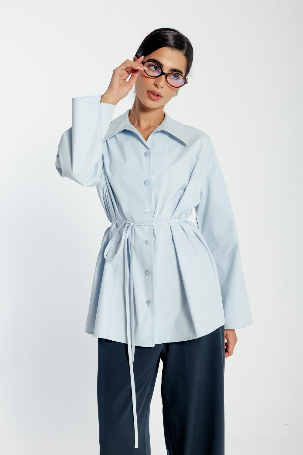 Belted Poplin Shirt in Blue