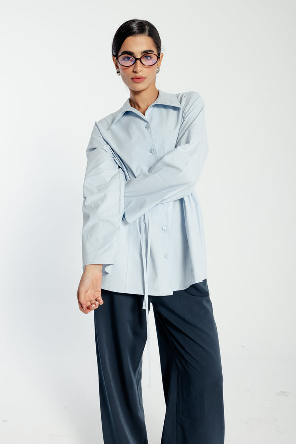 Belted Poplin Shirt in Blue