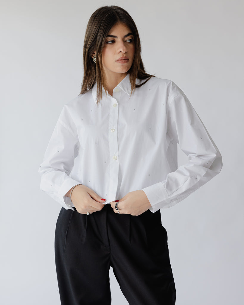 Cropped and Studded Poplin Shirt in Off-White