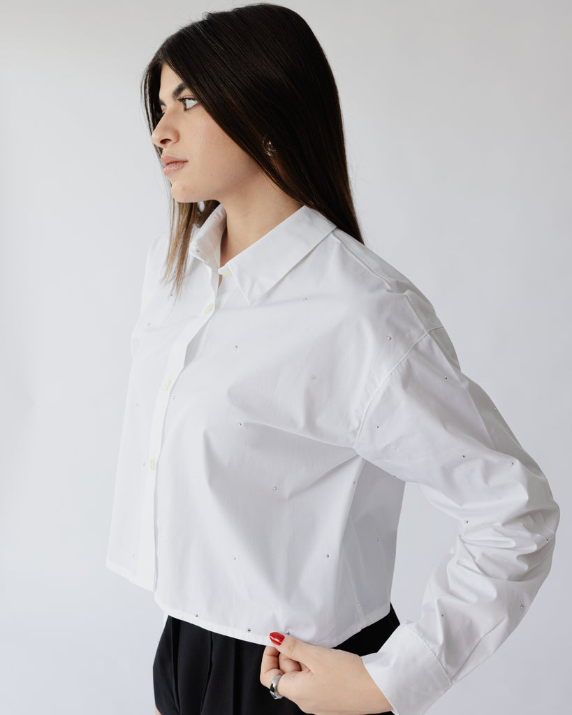 Cropped and Studded Poplin Shirt in Off-White