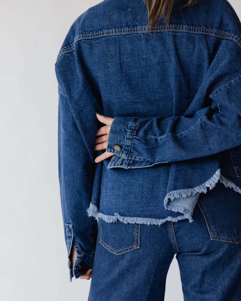 Raw-Hem Denim Jacket in Dark Blue