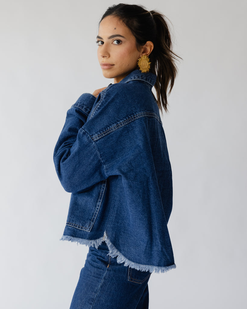 Raw-Hem Denim Jacket in Dark Blue