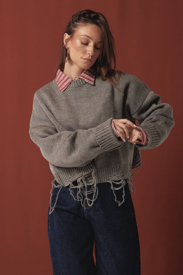 Fringed Sweater in Grey